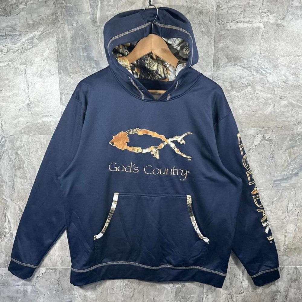 Legendary Whitetails Black/Camo Hoodie God's Country Christian Fish Mens Size: L
